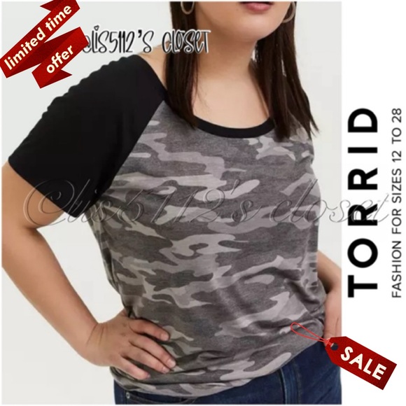 Torrid Black Gray Classic Fit Feather Light Slub Crew Neck Raglan Tee 6X 30 30W - Picture 1 of 15